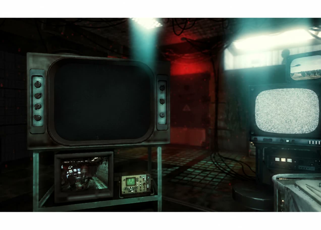A dim underground bunker filled with old televisions and cables.